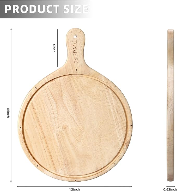 Rubber Wood Cutting Board with Handle, Round Serving Board, Dining Board, Chopping Board for Meat, Cheese Board, Vegetables, Bread, Charcuterie, Large 16"x12"x0.6"