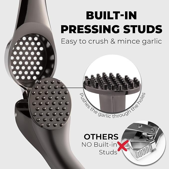 Zulay Kitchen Premium Garlic Press Set – Rust Proof & Dishwasher Safe Garlic Mincer Tool with Silicone Garlic Peeler & Brush, Easy Squeeze & Clean, Ergonomic Soft Grip Handle - Medium – Dark Gray