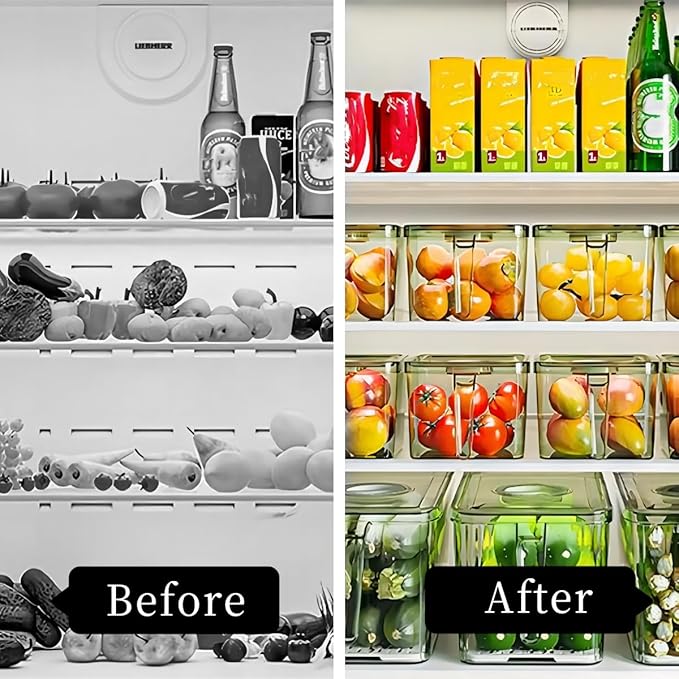 Zerodis Fridge Storage Container, Stackable Refrigerator Bins with Lids Clear Fridge Organizer Case for Food Drinks Vegetable