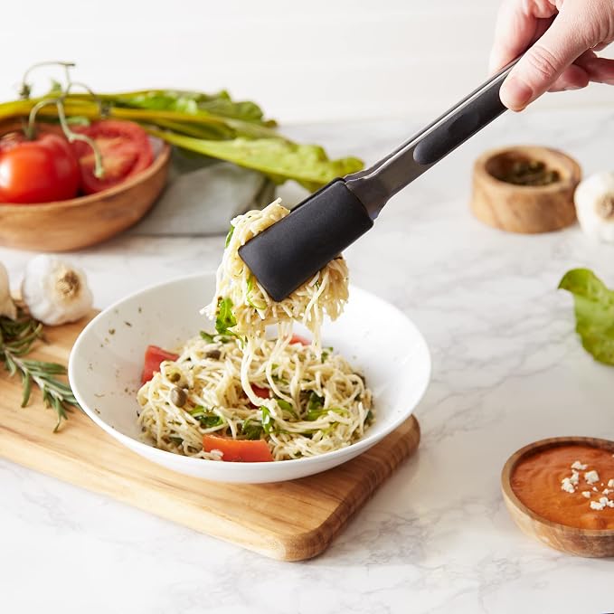RSVP International Endurance Kitchen Utensil Collection Stainless Steel Locking Tongs for Cooking, 10.75" Length, Square Tip, Black Non-Slip Silicone