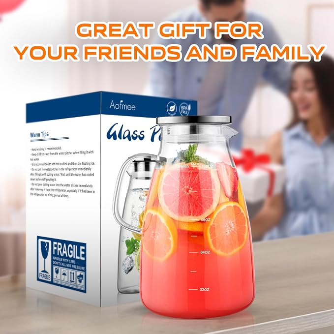 1 Gallon 128oz Glass Pitcher, Water Pitcher with Lid and Spout, Glass Carafe for Hot/Cold Drink, Water Jug for Iced Tea, Coffee, Juice, Milk, Beverage (Extra-Wide Mouth)
