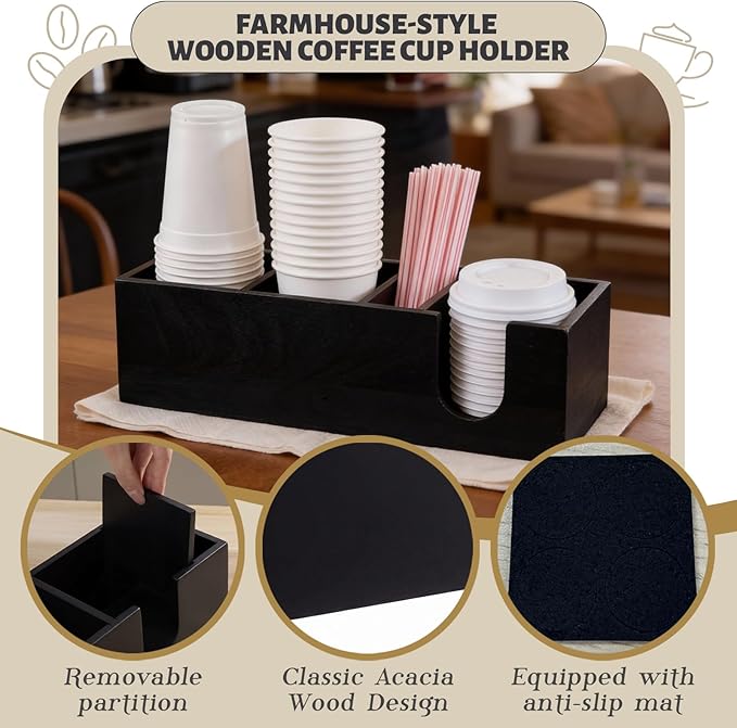 Novabright 4 Compartments Coffee Cup Holder for Countertop Cup Lid and Straw Dispenser Coffee Station Organizer Bar Accessories for Breakroom Restaurant, 15.3 x 4.7 x 4(Black,Pine Wood)