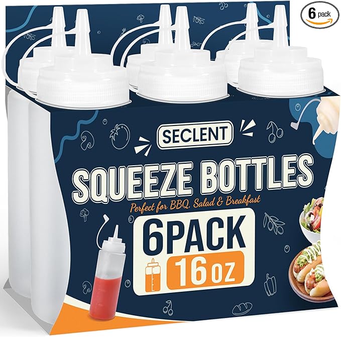 16 oz Condiment Squeeze Bottles, Squirt Bottles for Sauces, Ketchup, Plastic Squeeze Bottle for Liquids, Leak Proof, Dressing Bottle for Syrup, Pancake Batter, oil, Arts and Crafts, Pack of 6
