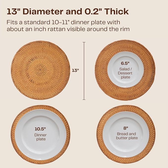 6-Pack Rattan Placemats - 13-inch Round Placemats (Smoky Brown) - Smoked-Cured Woven Place Mats, Round Table Mats - Wicker Chargers for Dinner Plates, Plate Chargers Boho - Kitchen Table Decor