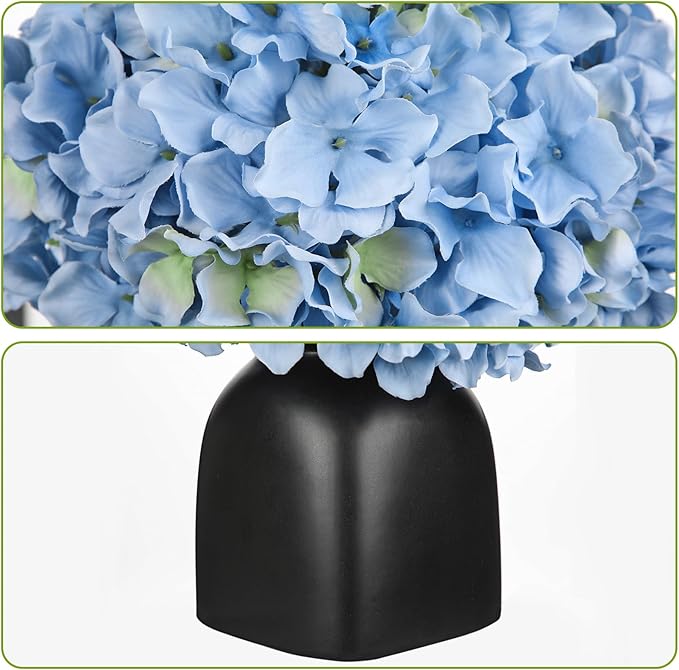Briful Blue Hydrangea Artificial Flowers in Ceramic Vase, Black Vase Farmhouse Centerpieces for Tables, Dining Table Vase with Fake Flowers for Home Decor Indoor Kitchen Living Room