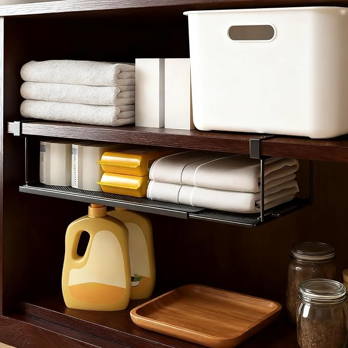 Under Shelf Basket Storage, Expandable Black Metal Cabinet Organizer | Expands 15.2–27.8in Metal Mesh Basket No Drill Installation Under Cabinet Organizer for Kitchen Pantry, Cabinet, Laundry Room