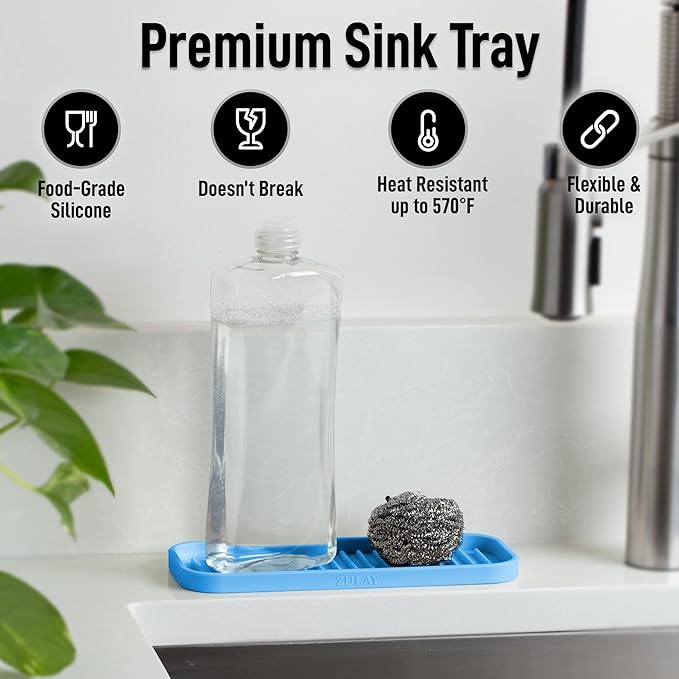 Zulay Kitchen (9x3.5) Silicone Sponge Holder for Kitchen Sink - Flexible Multipurpose Kitchen Soap Tray Sponge Holder - Sink Organizer Tray for Kitchen, Bathroom, Makeup, Trinkets & More (Blue)
