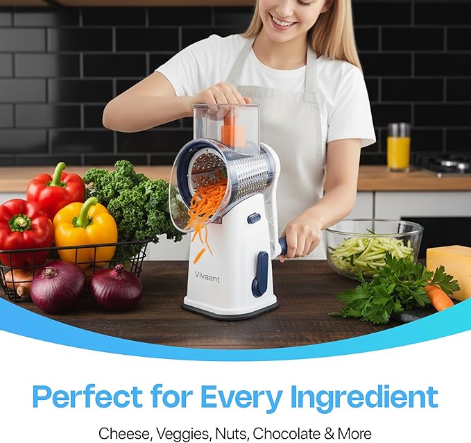 Vivaant Rotary Cheese Grater with Handle, Cheese Shredder Hand Crank with Suction Base & 5 Interchangeable Blades, Multi-Functional Food Chopper for Vegetables, Nuts & Chocolate - Easy to Use & Clean
