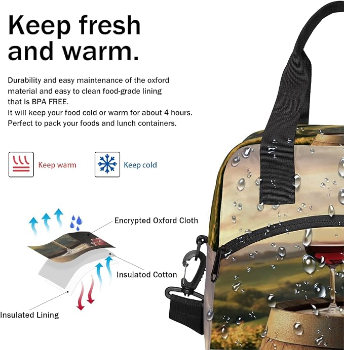 Wine Field Pattern Insulated Lunch Bag for Women Men Reusable Lunch Box Cooler Bag Large Leakproof Lunch Tote with Adjustable Shoulder Strap for Adult Work Picnic Camping Beach Office