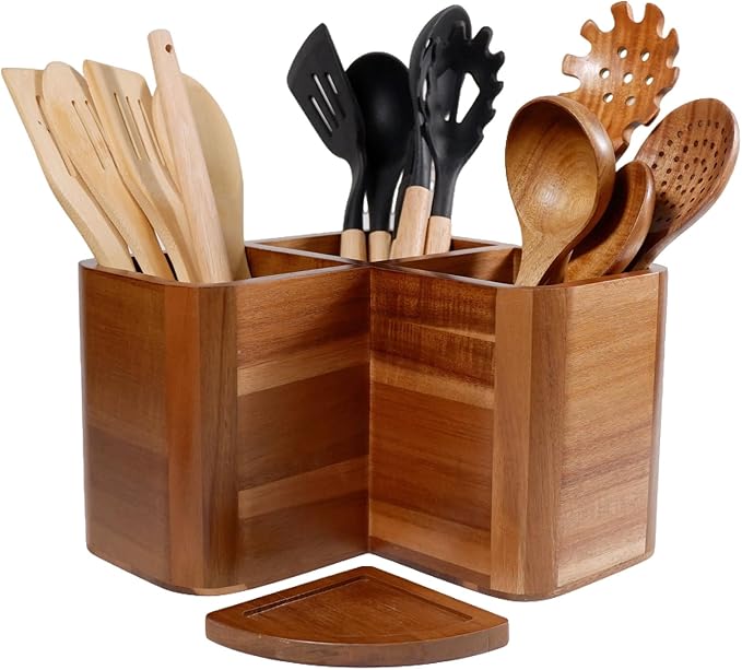 Large Kitchen Utensils Holder with 3 Compartments,Corner Utensil Caddy for Countertop,Acacia Wooden Utensil Organizer for Kitchen Countertop, Farmhouse Decor