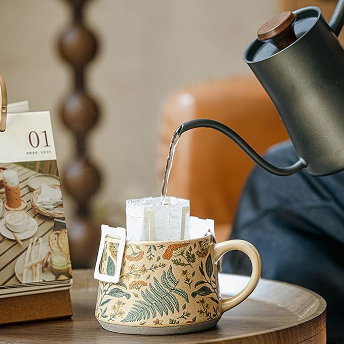 Ceramic Coffee Latte Mug, Vintage and Cute Floral Pattern With Handle, Unique Watercolor Floral Design Teacup, Suitable for Home and Office use, Microwave Safe (Green)