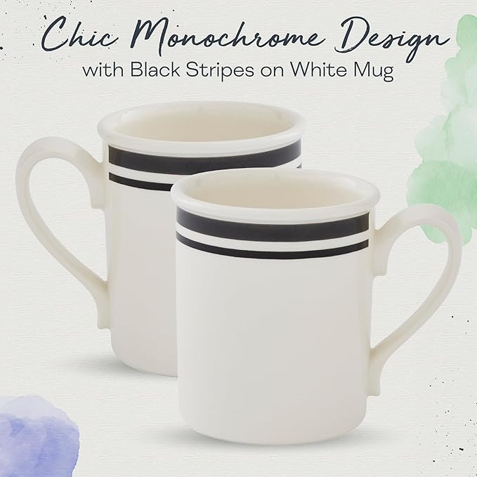 Portmeirion Potter's Stripe Breakfast Mug (Set of 4) - 9oz White Ceramic Mugs with Black Stripe Pattern - Microwave, Dishwasher, Freezer Safe Earthenware Mugs for Tea & Coffee Lovers (Black)