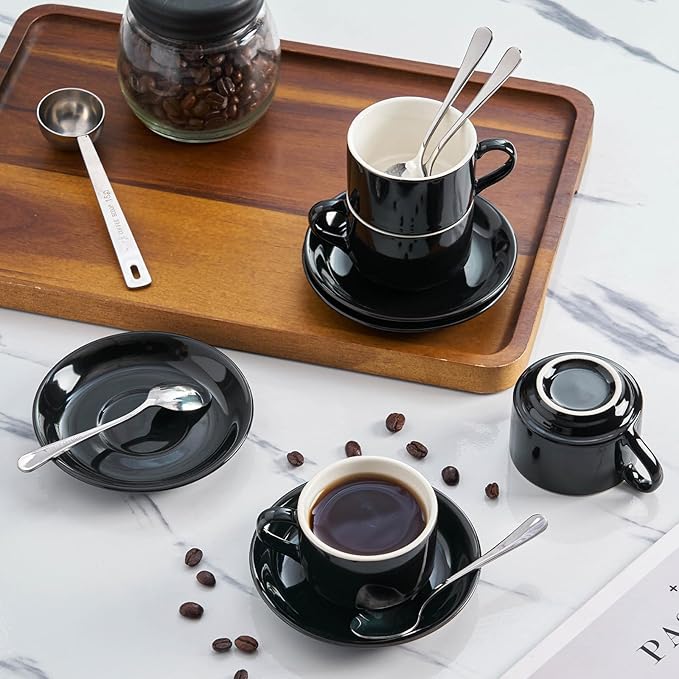 2.5oz Espresso Cups Set of 4, Demitasse Cups and Saucers with Spoons for 4, Expresso Shot Cups for Espresso Machine-Black