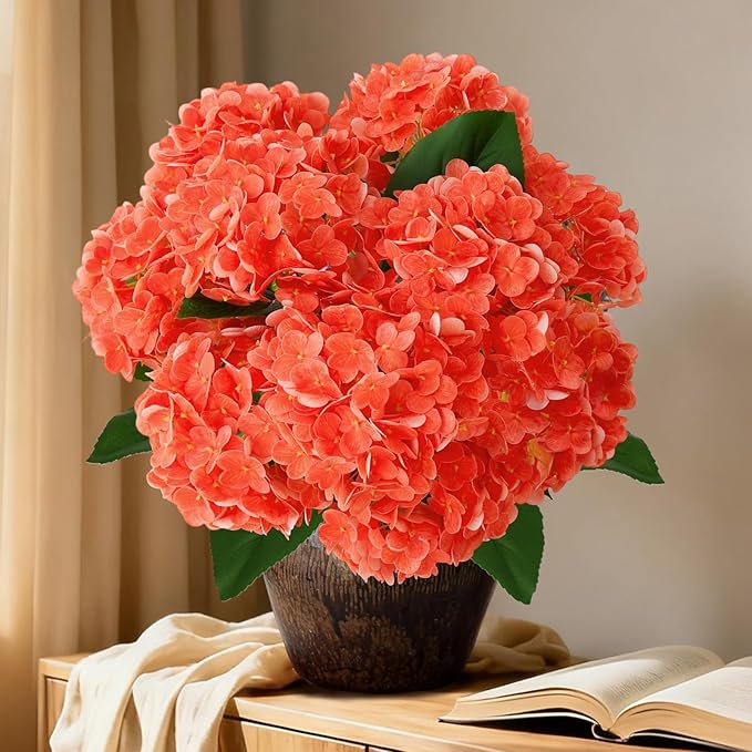A Bunch 20in, Real Touch Hydrangea Artificial Flowers, with 5pcs Flower Head 8pcs Leaves, Faux Hydrangea Flowers for Home Office Decor Wedding Party Arrangements (1, Orange-red)