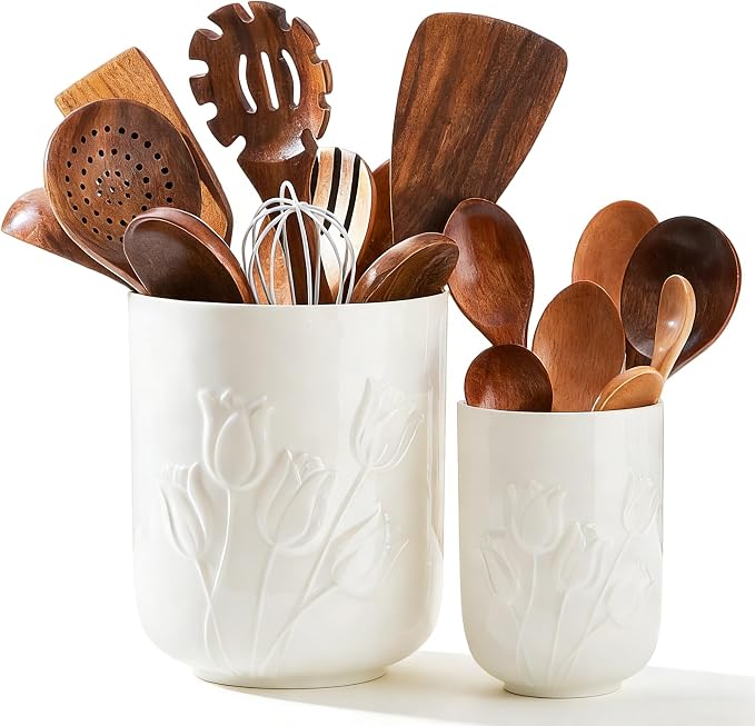 Tulips White Ceramic Utensil Holder Set, Large Kitchen Utensil Crocks – Modern Countertop Organizer for Cooking Utensils, Spatula, Spoons | Practical Kitchen Counter Decor