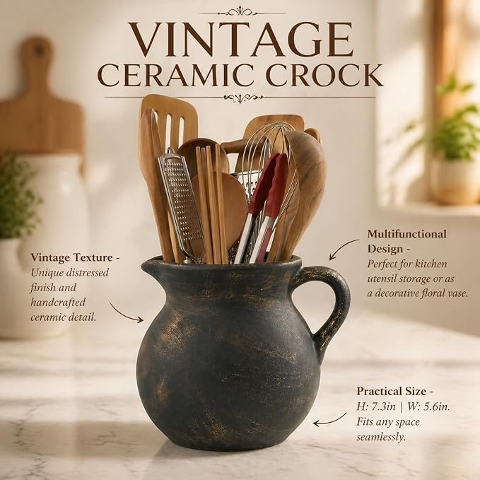 Rustic Kitchen Utensil Holder,7.6 Inch Large Ceramic Utensil Crock for Countertop, Vintage Kitchen Counter Decor,Home Decor,Stunning Ceramic Vase(Black Copper)