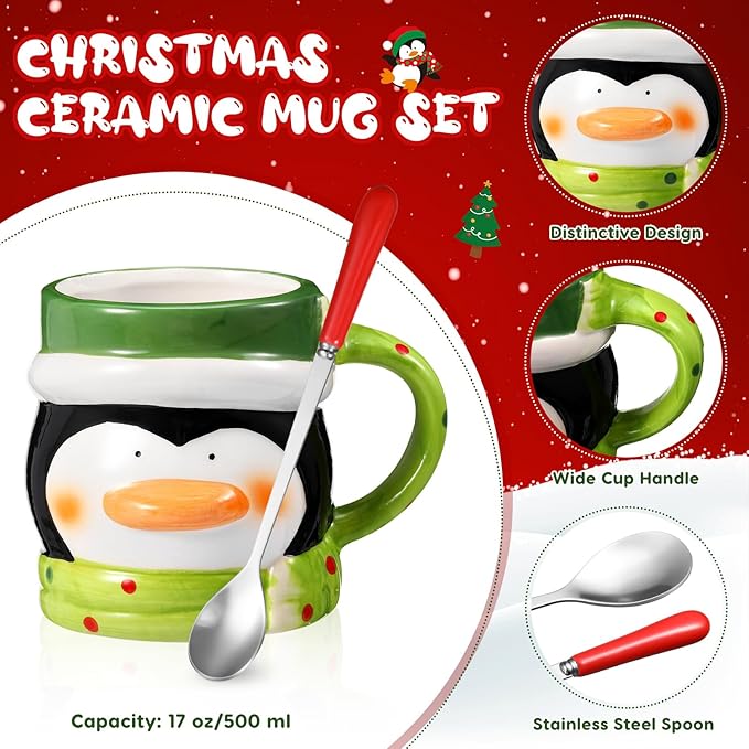 Sliner 4 Pcs Penguin Mug Gifts Set Include Christmas Coffee Mugs 17 oz with Red Spoons Funny Winter Fuzzy Socks Mini Penguin Keychains Hot Chocolate Cup for Women Men Xmas Holiday Birthday Gifts
