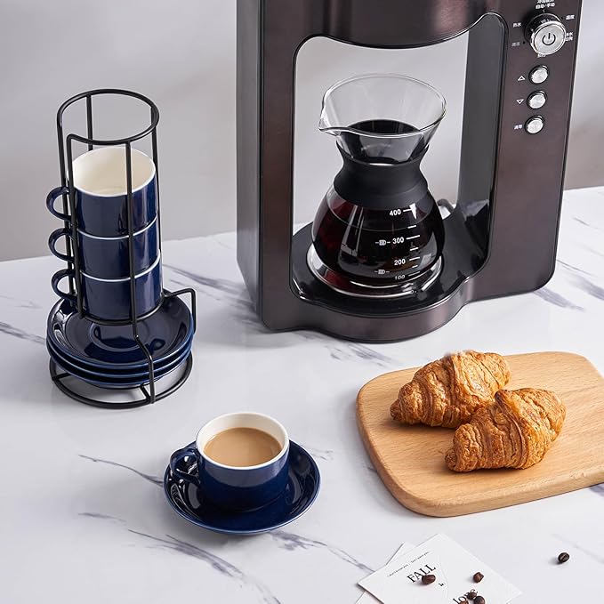 YOLIFE 2.5oz Espresso Cups Set of 4, Porcelain Stackable Espresso Cups with Saucers and Metal Stand, Expresso Shots Cup-Blue