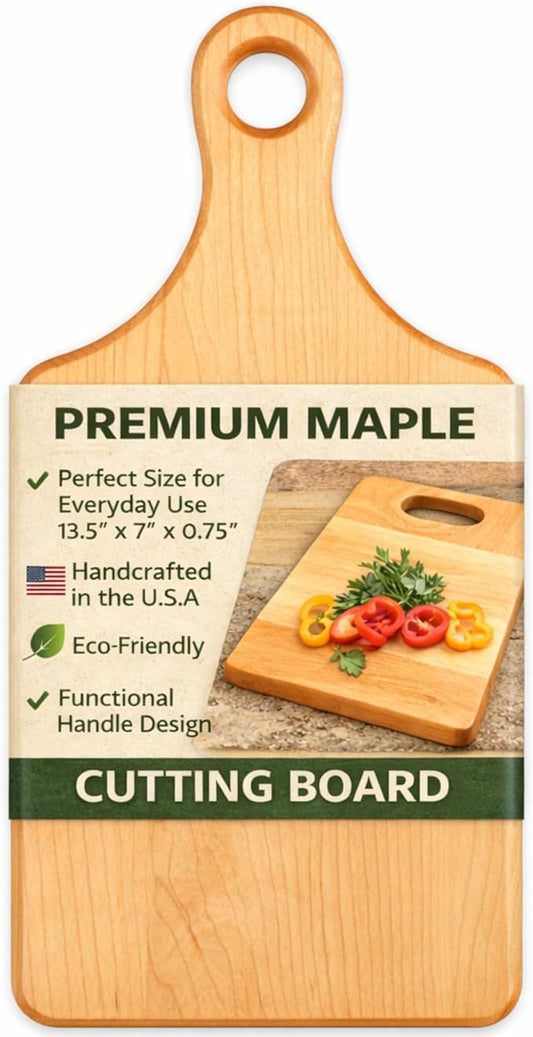 Handcrafted Maple Cutting Board with Handle – Eco-Friendly, Charcuterie Serving Tray, Wooden Chopping Board, Made in USA Kitchen Essential