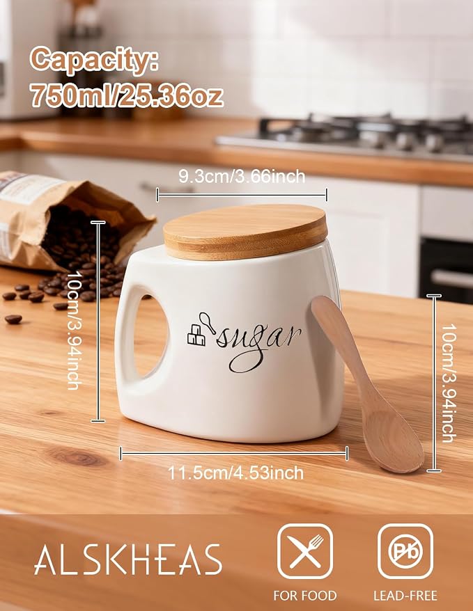 Ceramics Sugar Container, Sugar Bowl with Lid and Spoon, Sugar Jar for Countertop, White Sugar Storage Canisters with Comfort Grip, Home Decor (25oz/750ml)