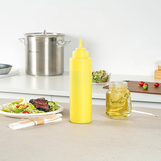 Restaurantware Plastic Squeeze Bottle 32 oz Wide Mouth Condiment Bottle With Cap Reusable Dishwashable Yellow Sauce Dispenser For Syrups, Ketchup, Mustard, Oil, Dressing, Honey, Art And Craft
