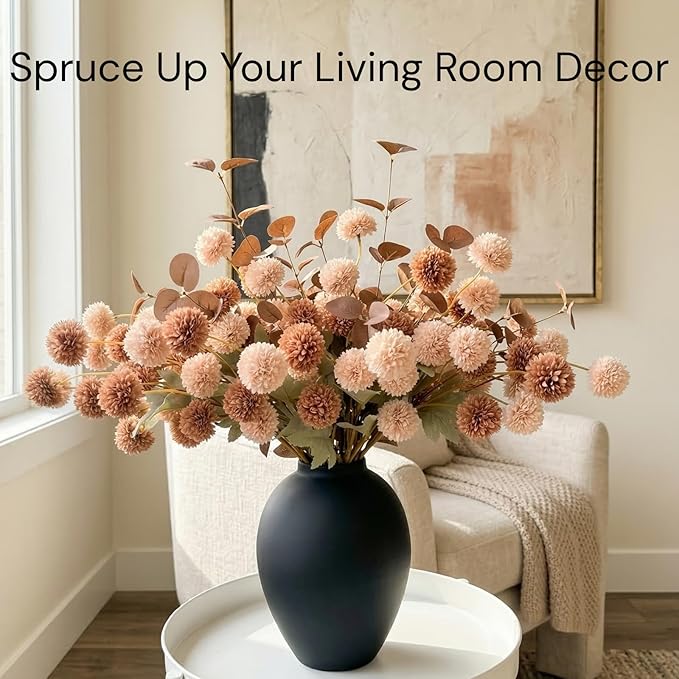 22pcs Artificial Beige & Brown Kiku Flowers with Eucalyptus Stems Bulk, Faux Silk Mum Pom Poms for Vase, Modern Farmhouse Boho Home Decor, Realistic Floral Centerpiece for Kitchen & Living Room