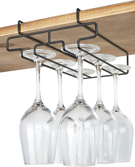 Wine Glass Holder - Stemware Rack Under Cabinet - Hanger Storage Shelf, Fit for The Cabinet 0.8“ or Less (black, 2 Rows)