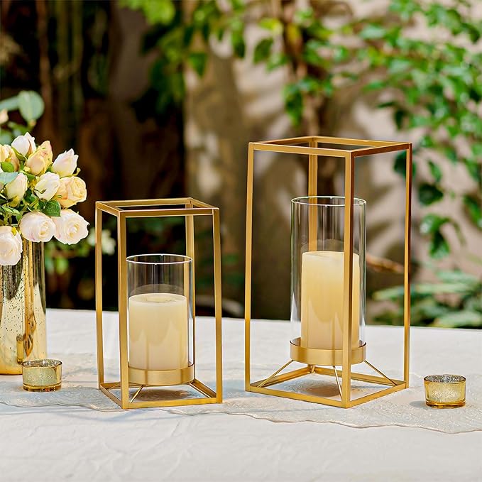 Gold Lantern Decorative Indoor: Set of 2 Wedding Lanterns with Hurricane Glass Modern Candle Holder for Table Centerpiece Fireplace Mantles Kitchen