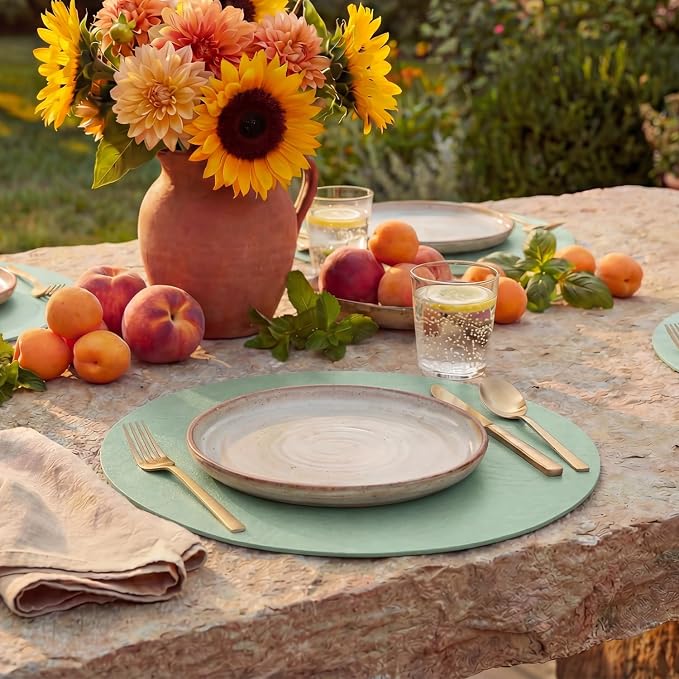 Artoid Mode Sage Faux Leather Placemats Set of 6, 15 Inch Waterproof Wipeable Heat Resistant Vinyl Place Mats, Reversible Table Mats for Spring Kitchen Dining Decor