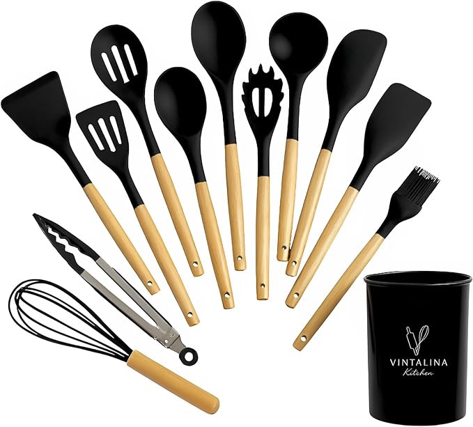Silicone Cooking Kitchen Utensils Set – BPA‑Free, Non‑Toxic, Non-Stick, Heat‑Resistant to 446 °F, Non‑Scratch Wooden Handles + Utensil Holder (Black)