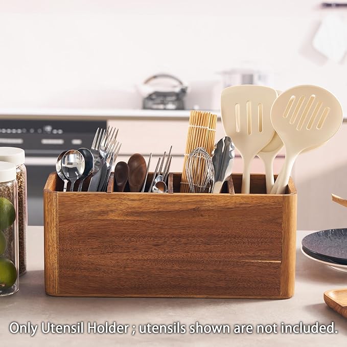 16" Wooden Kitchen Utensil Holder, Extra Large Acacia Wood Organizer for Cooking Tools, Utensils & Cutlery Storage – 4-Compartment Countertop Holder