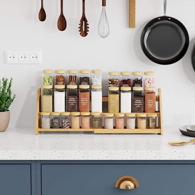 NiHome Cabinet & Countertop Expandable 3-Tier Bamboo Spice Rack for Spices, Jars, Office Supplies, Adjustable Length 12.6"-23.6" Multi-Purpose Natural Bamboo Organizer for Kitchen, Pantry, Bathroom