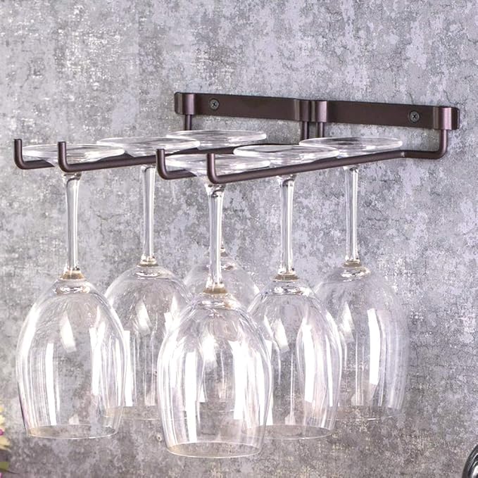Hanging Metal Wine Cup Rack, Bar Double Stemware Glass Bottle Goblet Inverted Holder, Glass Holder Under Cabinet Kitchen Organization, Glass Holder Storage for Bar Home Kitchen Decor
