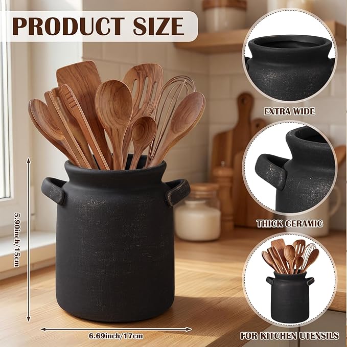 Qinyoung Rustic Kitchen Utensil Holder 6 Inch Small Ceramic Utensil Holder with Handle Vintage Crock Decoration Spatula Organizer for Kitchen Countertop Farmhouse Party Supplies(Black,Single Handle)