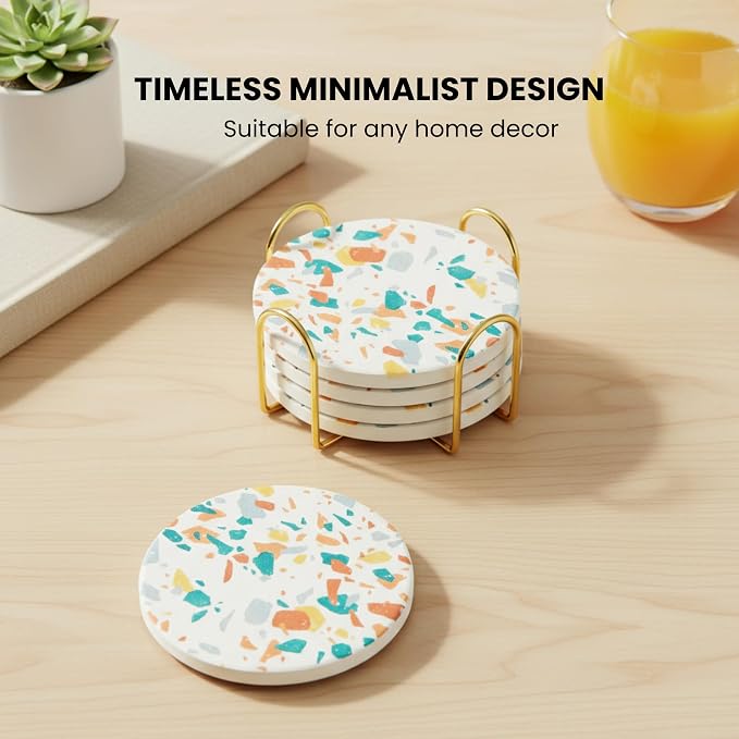 Terrazzo Coasters Set of 6, Ceramic Absorbent Drink Coasters, Cute Mid Century Boho Coaster, Coffee Table Desk Decor, Colorful Stone Coaster for Drinks
