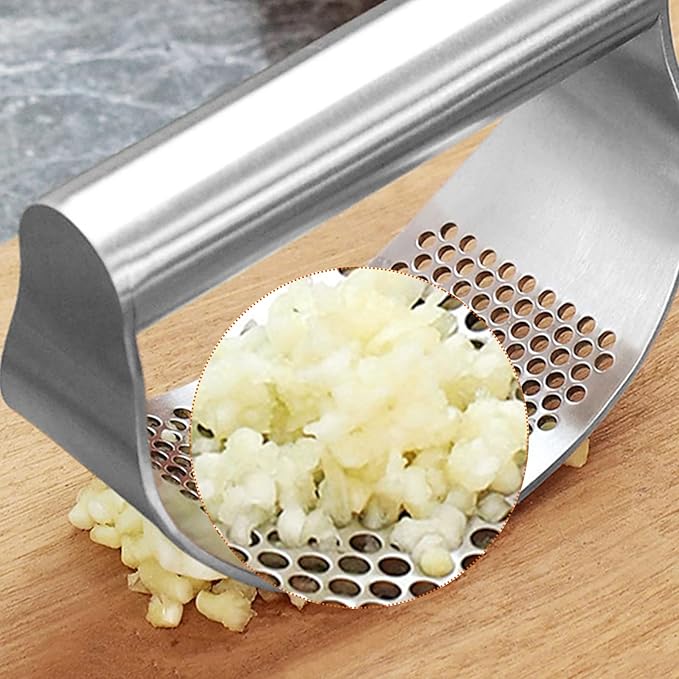 Stainless Steel Garlic Press Rocker, Matching Silicone Roller Peeler & Cleaning Brush, Sturdy Garlic Crusher & Slicer
