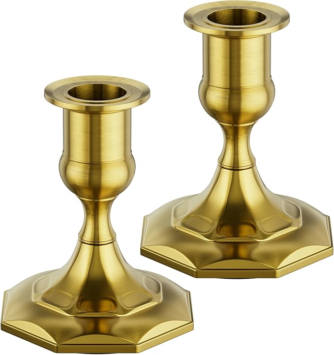 Brass Gold Candle Holders Set of 2, Elegant Metal Candlestick Holders for Weddings,Dining, Special Events, Taper Candle Holders as Table Centerpiece Home Decor Festive Candle Stick Holder