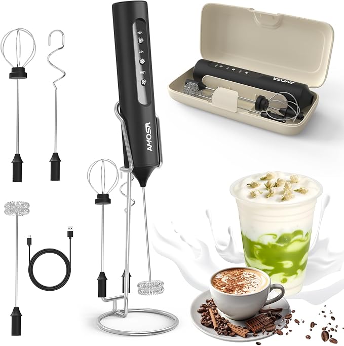 AMOSA Milk Frother Handheld with Stand, Rechargeable Frother with 3 Speeds & 3 Heads, Travel Frother with Case, Coffee Mixer for Latte, Milk, Cream, Egg, Coffee, Cappuccino