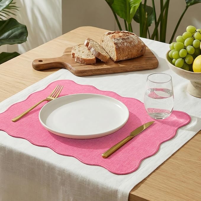 AHHFSMEI Faux Linen Placemats Set of 6 Heat Resistant Non-Slip Stain Proof Table Mats for Kitchen Dining Elegant Decor Place Mats (Pink)