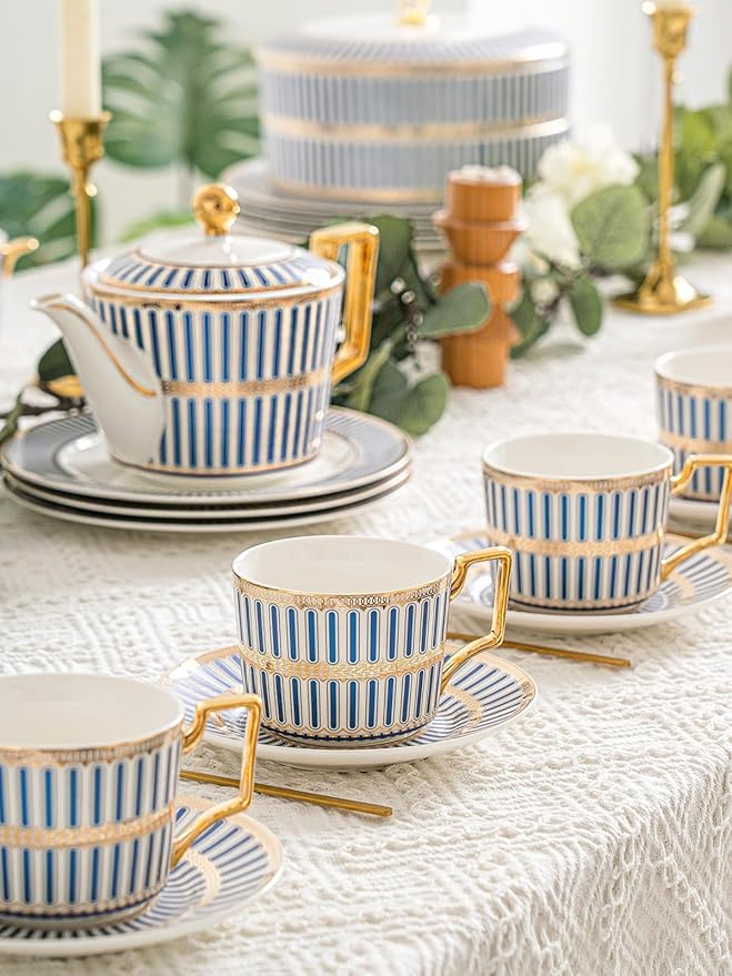 CwlwGO-Bone China Cups & Saucers Set of 2 (7 oz) with Gold Spoon and Gifts Box, White Tea Cups Sets,Cappuccino Cups,Ceramic British Coffee Cup Set.