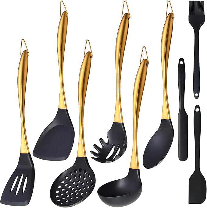9Pcs Kitchen Utensil Set with Stainless Steel Handle (Gold)