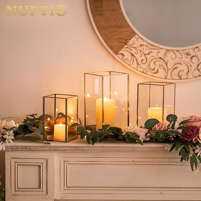 Nuptio Glass Hurricane Candle Holder Set of 18 Gold Pillar Candle Holders Large Rectangular Candleholder Table Centerpieces Decoration for Wedding Party Holiday Home Ornaments 9.5 & 8.1 & 6.5 inch