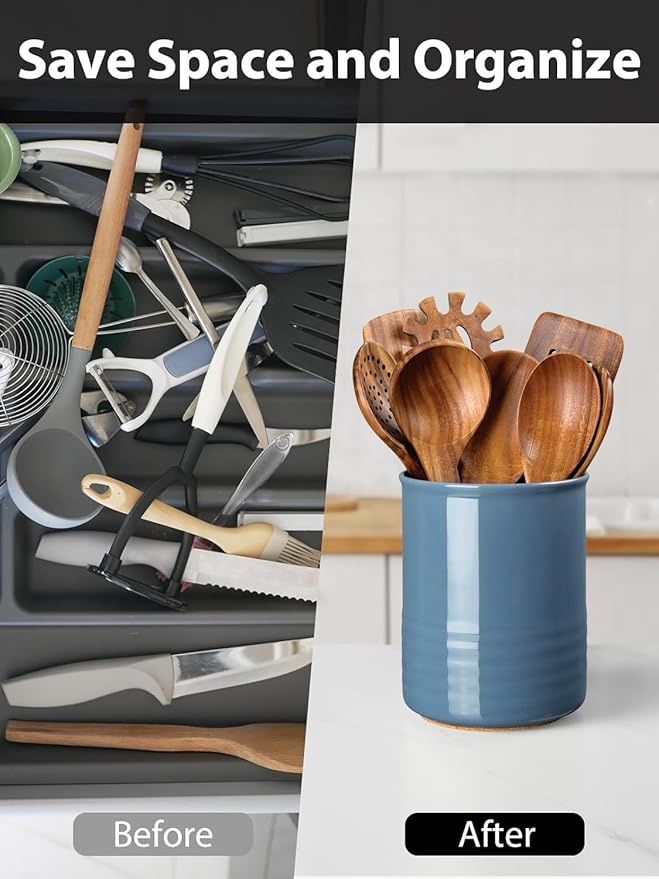 ABRUTY Utensil Holder, 6.7" Ceramic Kitchen Utensil Crock for Countertop Cooking, Modern Utensil Caddy Jar Organizer for Farmhouse Kitchen Counter Décor, Blue