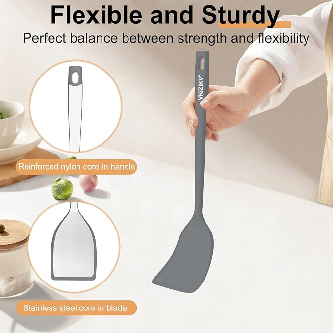 Silicone Spatula Turner Set, 4 Pack, 600°F Heat Resistant Cooking Spatulas, Spoons, BPA Free & Non-Stick Kitchen Utensils, Ideal for Flipping Egg, Pancake, and Serving, Dishwasher Safe (Gray)