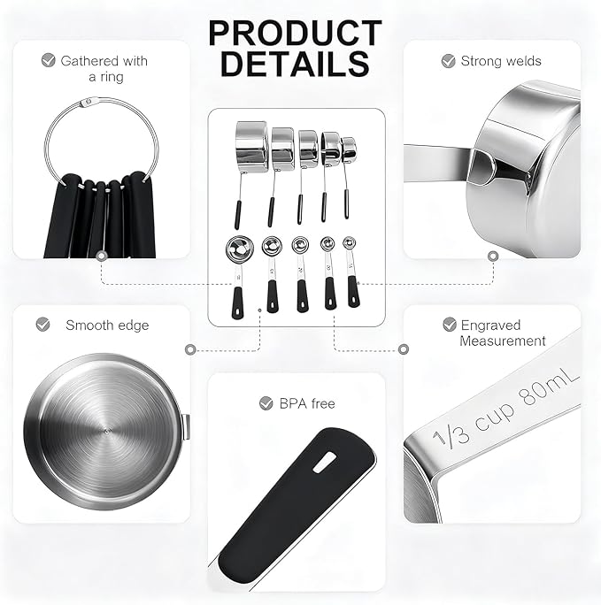 Bopei Measuring Cups and Spoons Set Stainless Steel 10 Piece for Cooking and Baking (5 Cups + 5 Spoons, Black Handle)