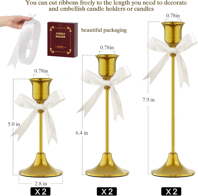 FSyueyun 6 Pcs Gold Candle Holders, Elegant Metal Taper Candle Holders Set, Modern Candlestick Holders for Table Centerpiece, Fireplace Mantel, Wedding, Christmas Home Decor and Housewarming Gift