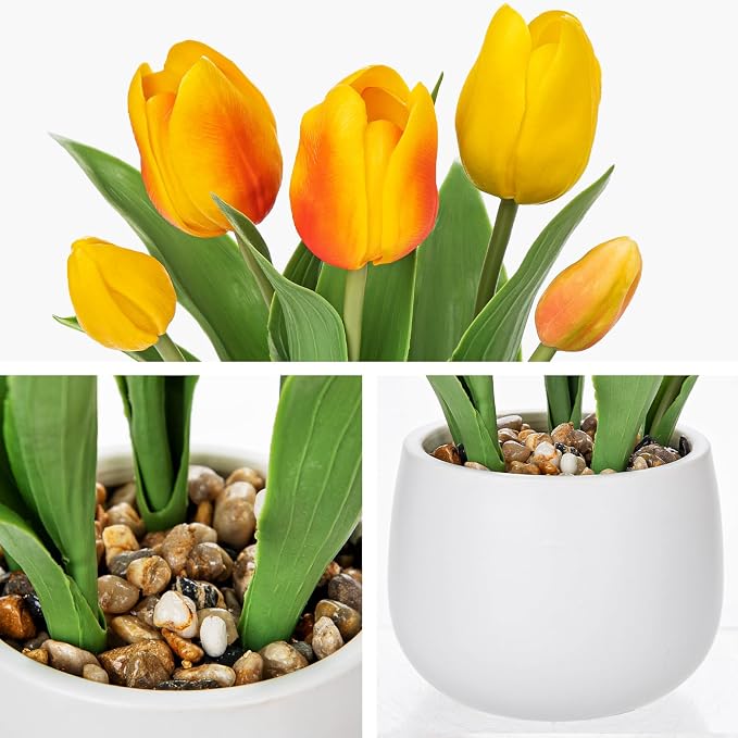 Hollyone Yellow Tulips Artificial Flowers in Vase Fake Tulips Silk Flowers Arrangements Faux Tulip Bulbs with Ceramic Pot Tulip Potted Plants Floral Bouquet for Home Decor Table Centerpiece Decoration