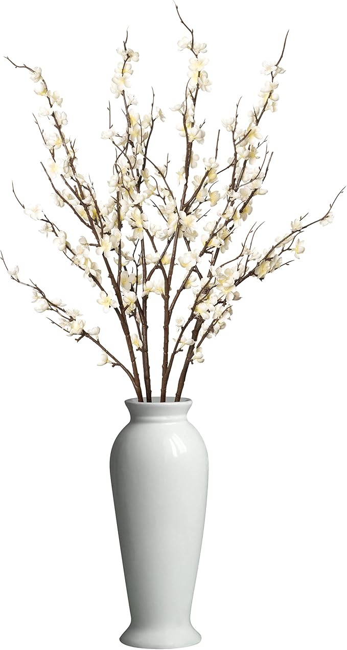 Ammyoo 4Pcs Cherry Blossom Branches Artificial Flowers for Spring Summer Indoor Decoration,Faux Long Stem Artificial Flowers for Wedding Home Office Bedroom Party Table Centerpieces Decor(White)