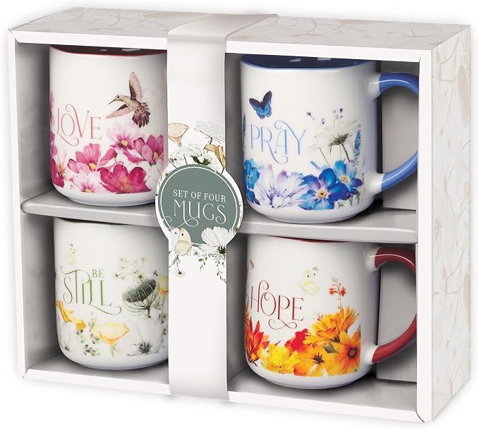 Christian Art Gifts Novelty Inspirational Scripture Ceramic Coffee & Tea Mug Set for Women: Love, Pray, Hope & Be Still, Multicolor Florals, Microwave & Dishwasher Safe Drinkware, Four 12 oz. Cups