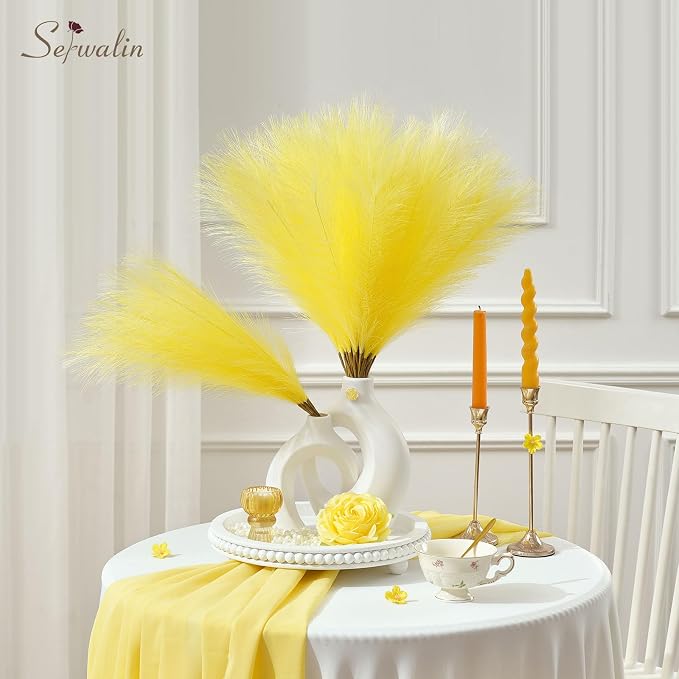 Serwalin 60 PCS Pampas Grass, 17.7" Pampas Grass Decor, Artificial Pampas Grass Bulk Vase Filler Flower Arrangement for Wall Decor Home Wedding Party Decor, Lemon Yellow